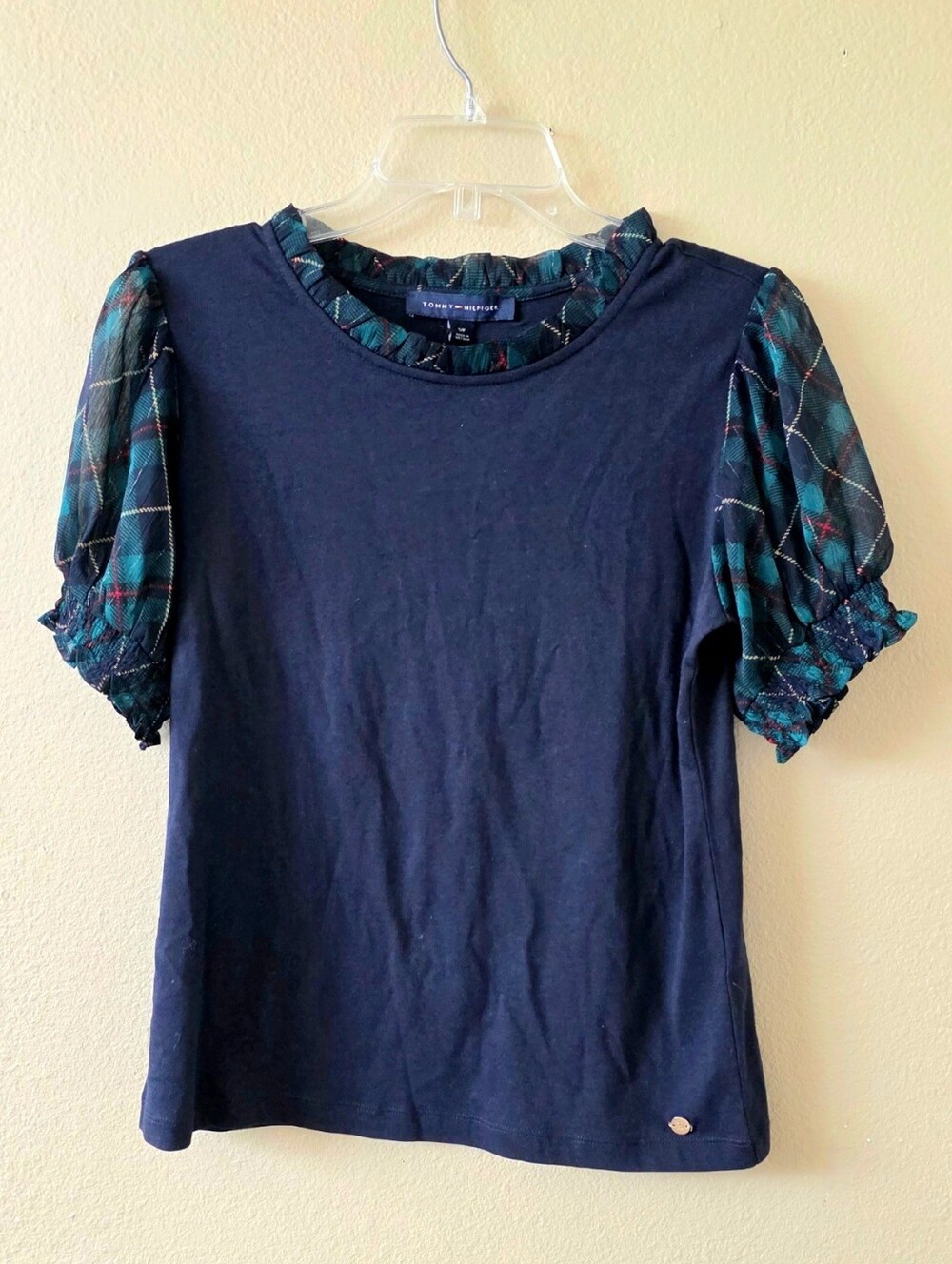 Tommy Hilfiger Womens Blue Plaid Trim Puff Sleeved Blouse - Size Small